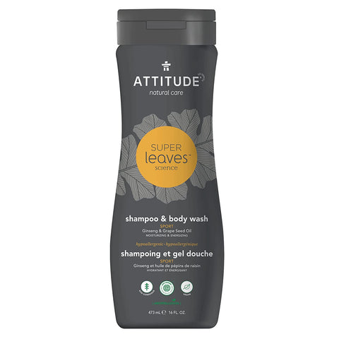 ATTITUDE Super Leaves, Hypoallergenic 2 in 1 Shampoo and Body Wash, Ginseng & Grapeseed Oil, 16 Fluid Ounce (11006)