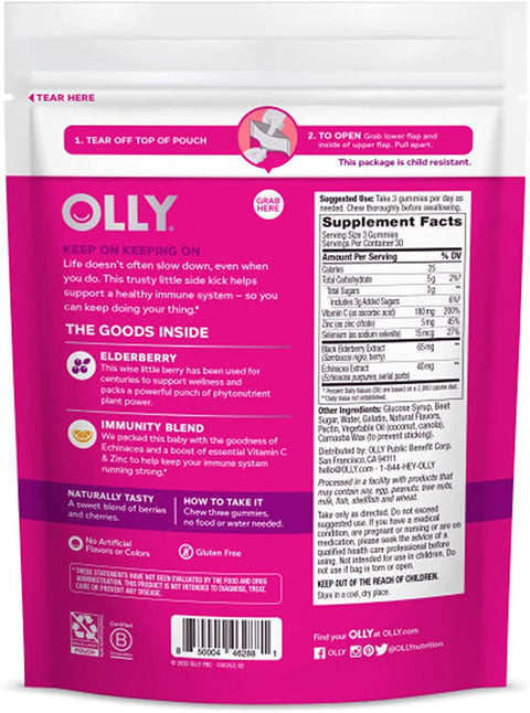 OLLY Immunity Gummy, Immune Support, Elderberry, Zinc, Vitamin C, Supplement, Berry - 90 Count