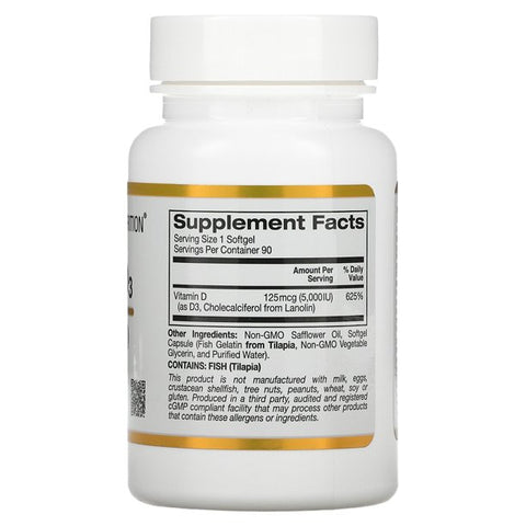 Vitamin D3, 5,000 IU, Cholecalciferol, Supports Healthy Bones & Teeth and Healthy Immune System Function, 125 mcg (5,000 IU), 90 Fish Gelatin Softgels
